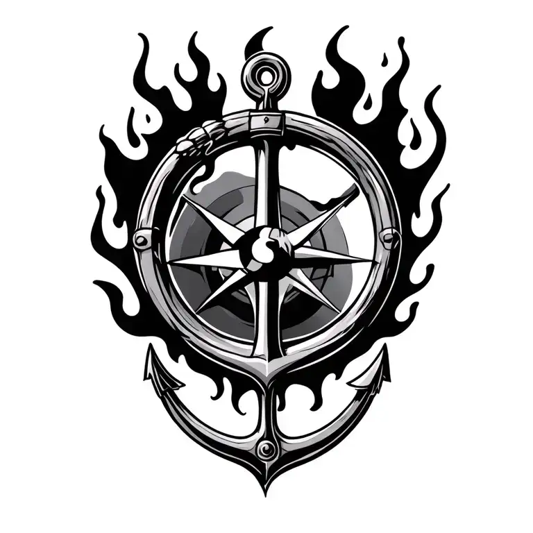 Anchor And Compass With Flames Surrounding