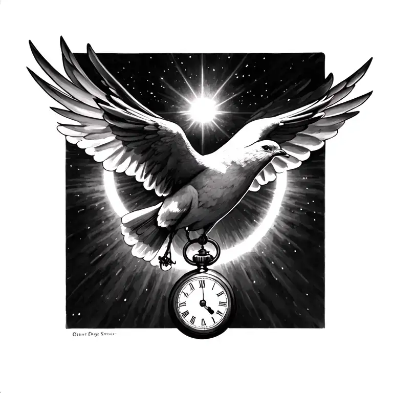 Dove Which Flies Towards Halo Of Light By Holding A Pocket Watch In Its Legs