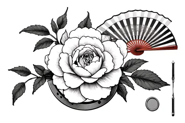 Camellia With Horseshoe And Paint Palette And Chinese Fan