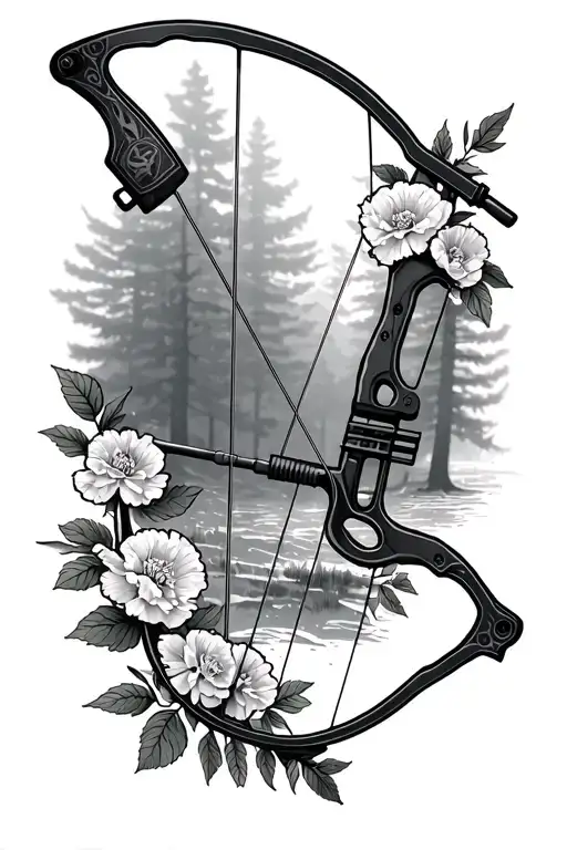 Forest Fading In The Background A Nocked Compound Bow In The Center And Carnations Around The Edges