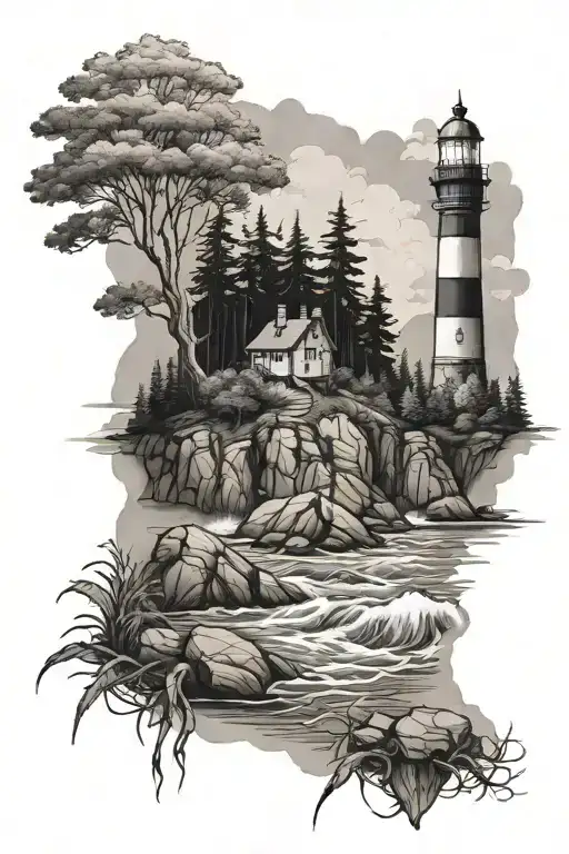 Lighthouse Rocky Coast Forest Landscape