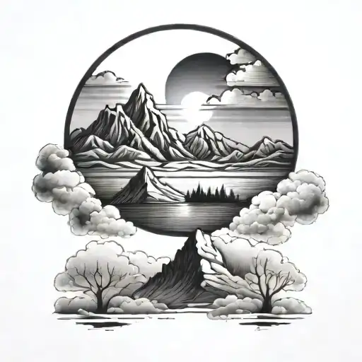 A Black-grey Tattoo Of A Sunset And A Mountains In The Distance