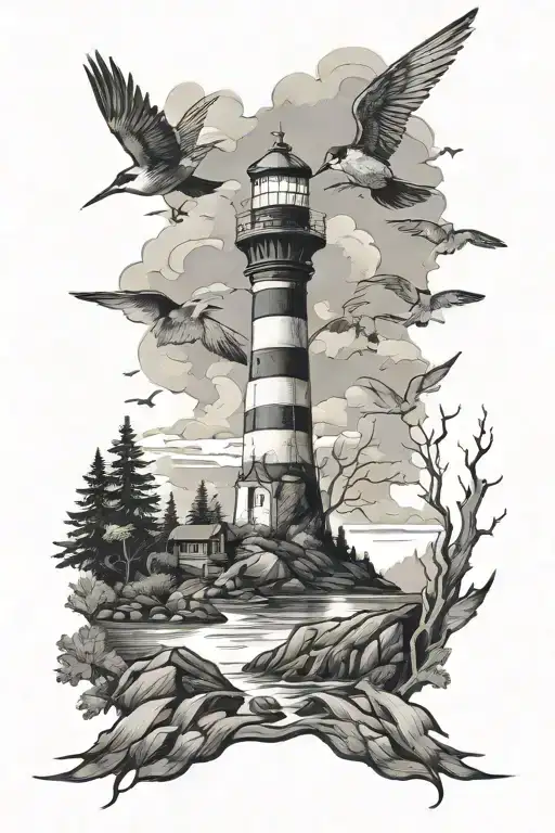 Lighthouse Rocky Coast Mountain Forest Scene Swallows Flying