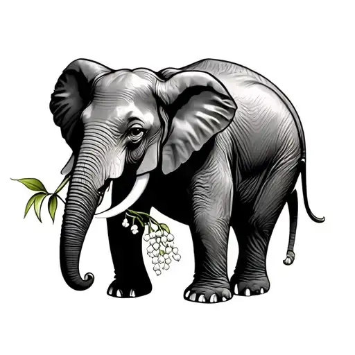 A Fine Line Tattoo Of An Elephant Holding A Lily Of The Valley