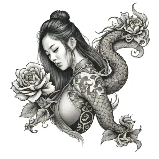 Chinese Woman With Long Hair And A Chinese Dragon Beside Her And 3 Flowers Below The Portrait