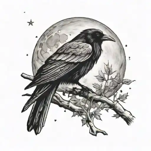 Raven Perched Regally On A Branch Beneath Moon And Stars