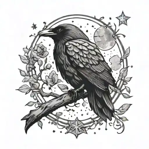 Raven Perched Regally On A Branch Beneath Moon And Stars