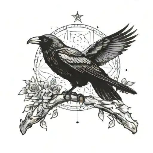 Raven Perched Regally On A Branch Beneath Moon And Stars
