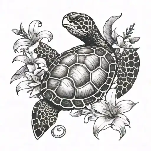 Sea Turtle With Lilac And Lily Flowers Surrounding