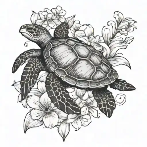 Sea Turtle With Lilac And Lily Flowers Coming Towards It Surrounded