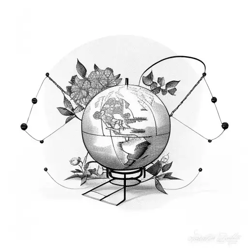 Globe Surrounded By Flowers And A Steel Suspension Bridge