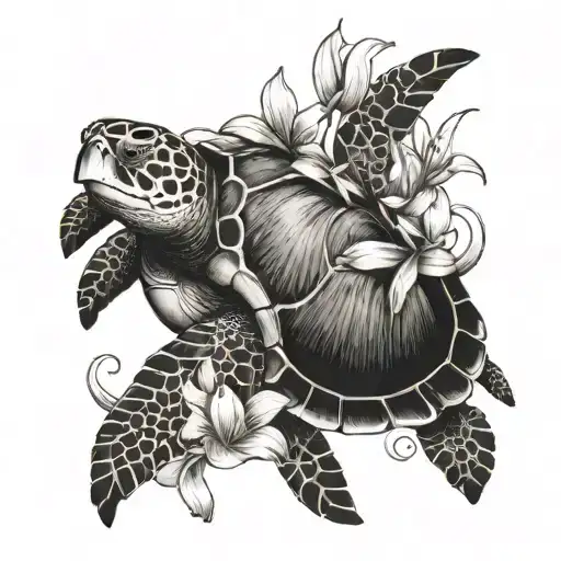 Sea Turtle With Lilac And Lily Flowers Blooming