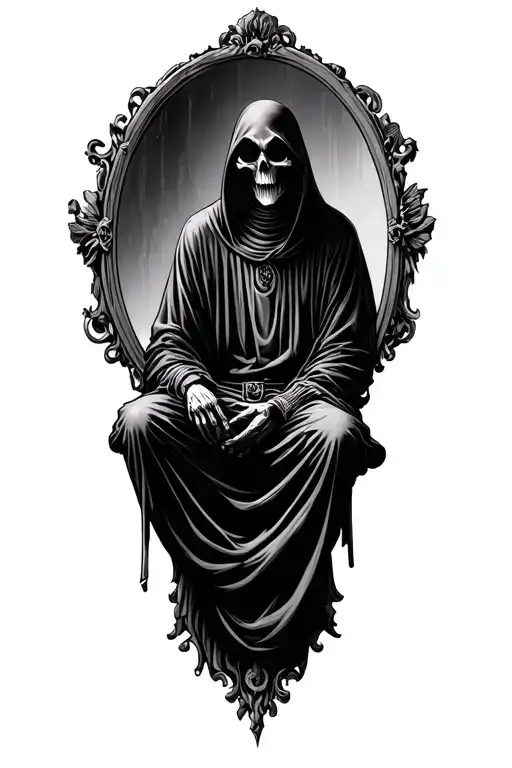 Grim Reaper Sitting And Staring Into Mirror With Seeing No Reflection