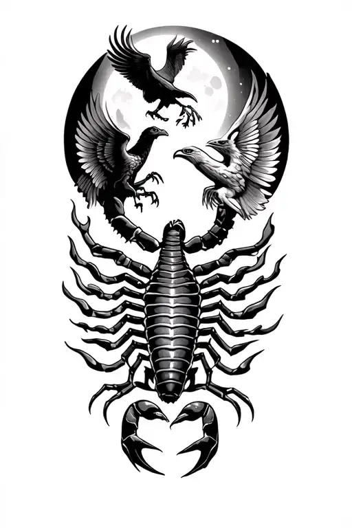 Scorpion & Eagle & Phoenix Rising From Flames Moon Behind