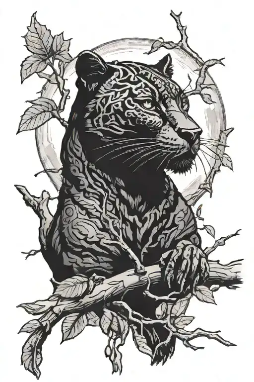 Black Panther Sitting On A Tree Branch With Moon In Background