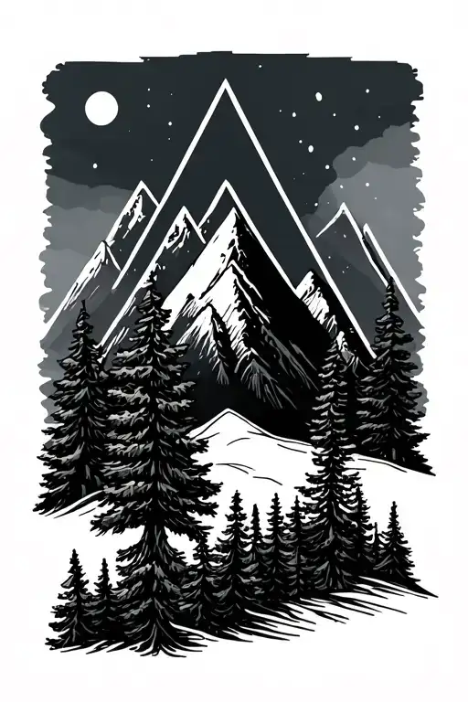 Triangle With Mountains And Pine Trees Fine Line
