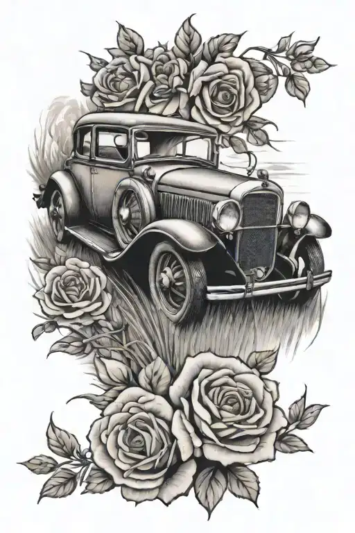 Design A Black-grey Tattoo Of A Vintage Car Cruising Through A Field Of Roses