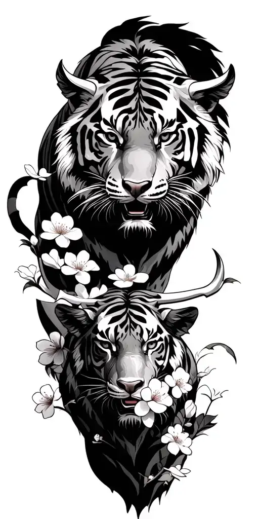 Tiger And Ox Surrounded By Cherry Blossoms