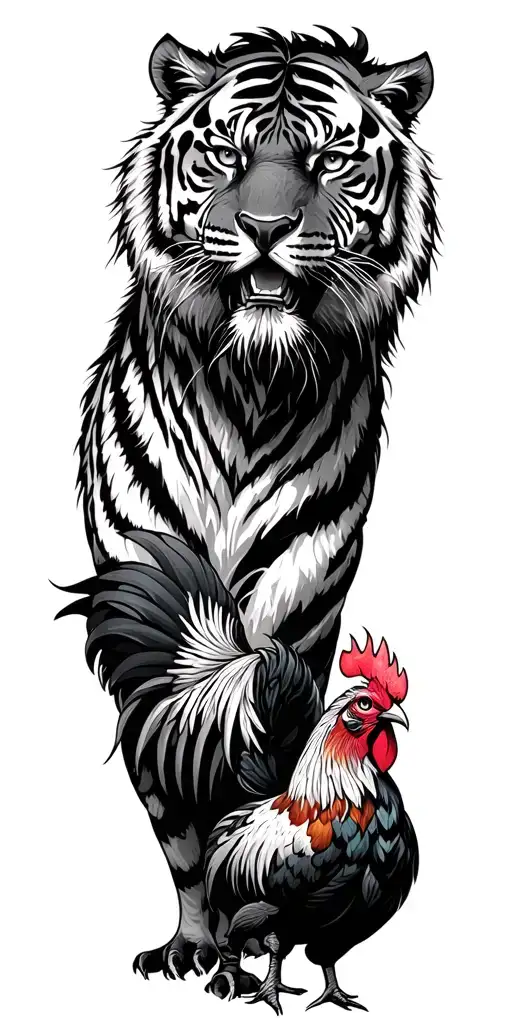 Tiger And Rooster Standing Proudly