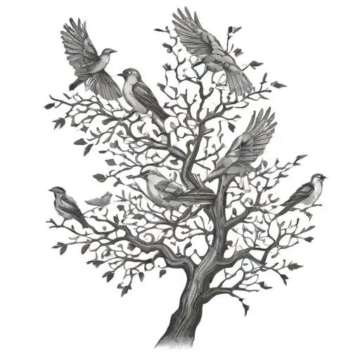 An Intricate Design Featuring Various Birds Flying Among Branches Of A Tree