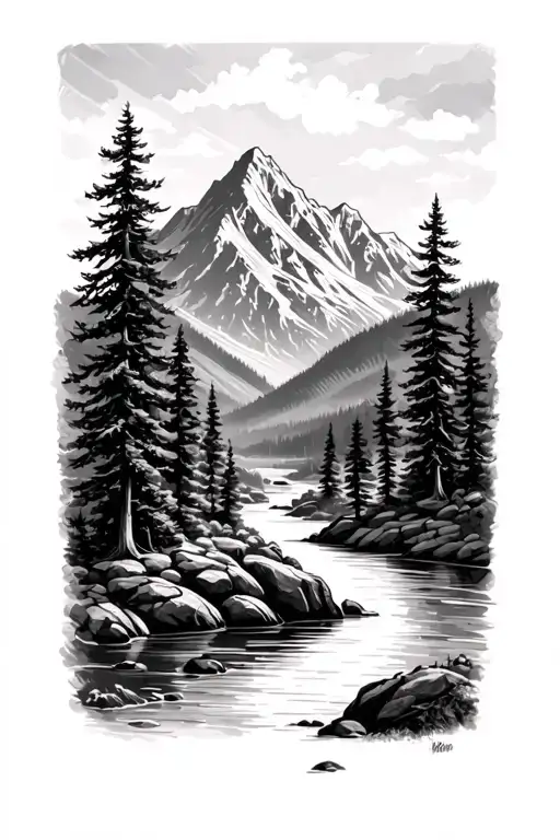 Mountain With Trees And A River Running Down It