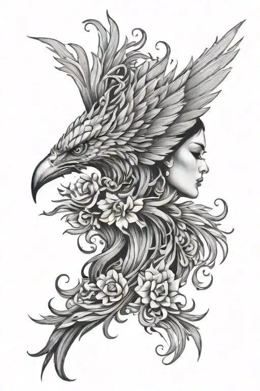 Side Face Of A Woman Combined With A Phoenix