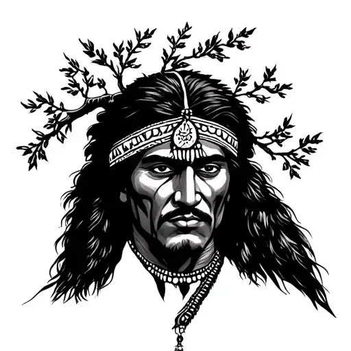 Indian In Foreground Facing With Tree Branch In Background