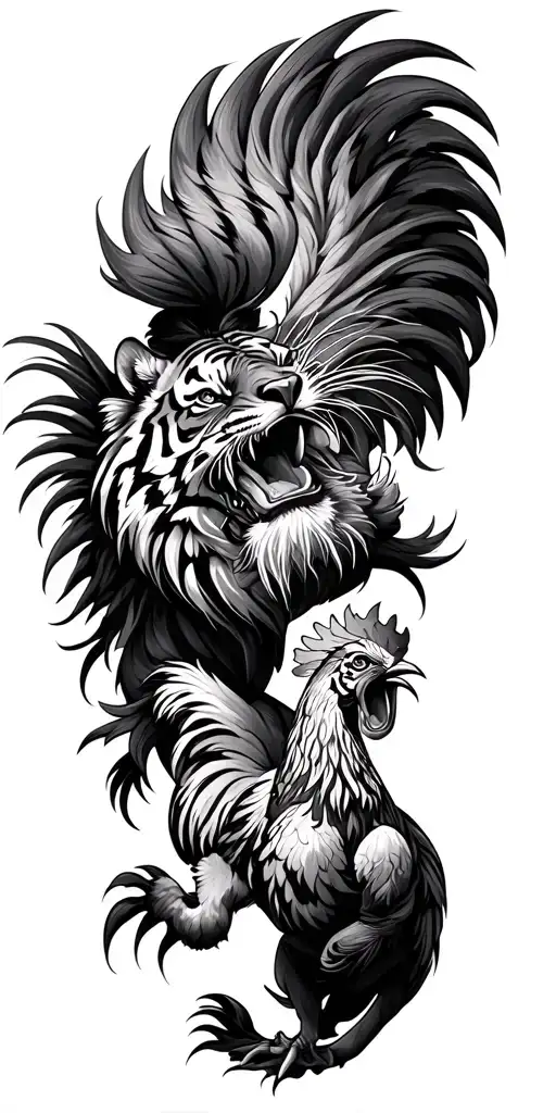 Tiger And Rooster Playing