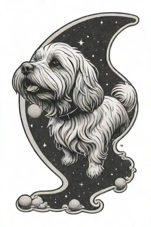 White Havanese Dog Floating In Space With The Full Moon In The Background