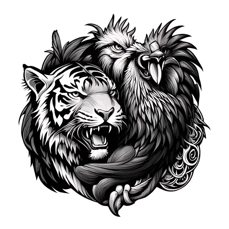 Tiger And Rooster Twisted Together