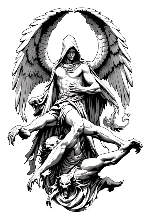 Hooded Arch Angel Defeating A Demon