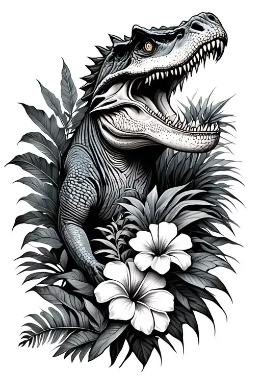 Trex Hunting Hidden Behind Tropical Foliage Flowers