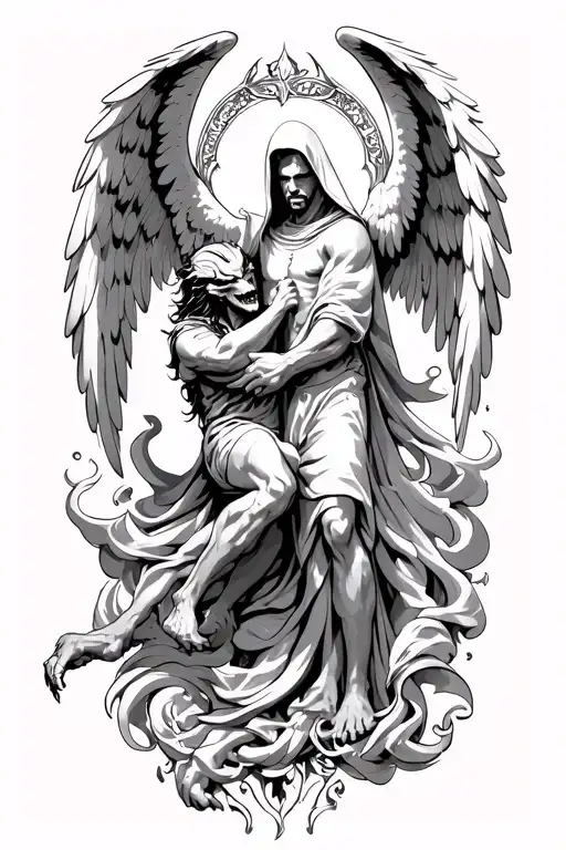 Hooded Arch Angel Defeating A Demon