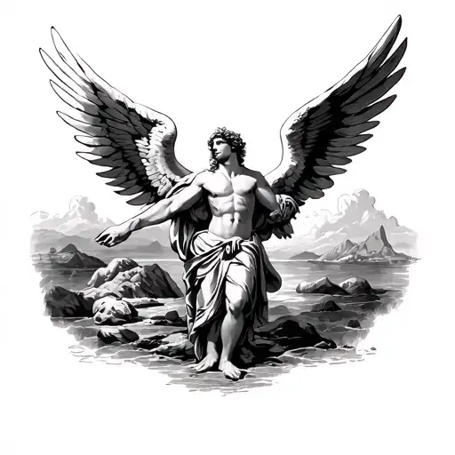 Icarus With Full Wings Spread Out And With Full Environment Of Greece