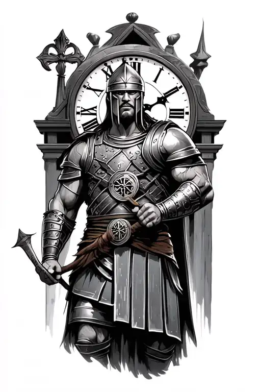 Gladiator With Clock In Background And Lightng