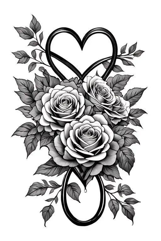 Heart And Infinity Symbol In The Middle Of Several Roses With Arabesque And Foliage