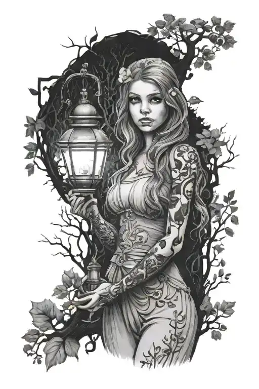 Young Girl In Dark Forest Holding A Lamp