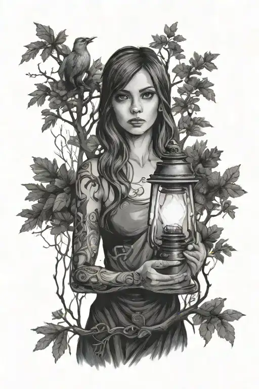 Young Girl In Dark Forest Holding A Lamp With Both Hands In Front Of Her