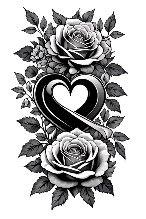 Heart And Infinity Symbol In The Middle Of Several Roses With Arabesque And Very Fine Foliage