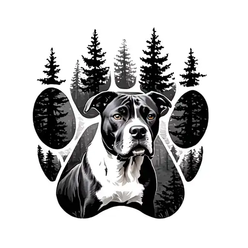 Paw Print With Forest Surrounding It With Portrait Of Pitbull Transitioning Into It