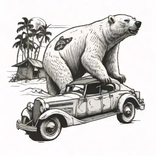 A Polar Bear Riding A Vintage Car On A Beach With Camping Gear Strapped To The Roof