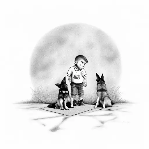 Little Boy Crying Over A Gravestone And A German Shepard With One Blue Eye Comforting Him
