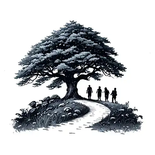The Tree Sits Atop A Winding Path With Small Figures Walking Together