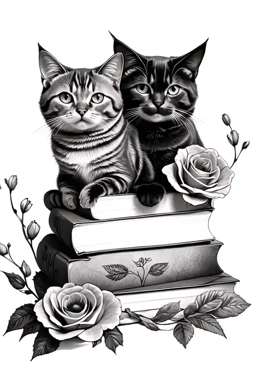 Stack Of Book Surrounded By 2 Cats With Roses And Poppies