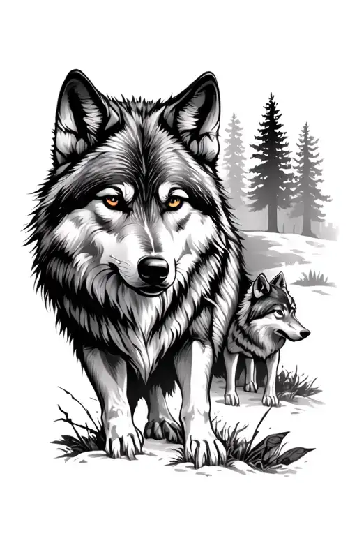 Animals And Forest In The Background A Wolf
