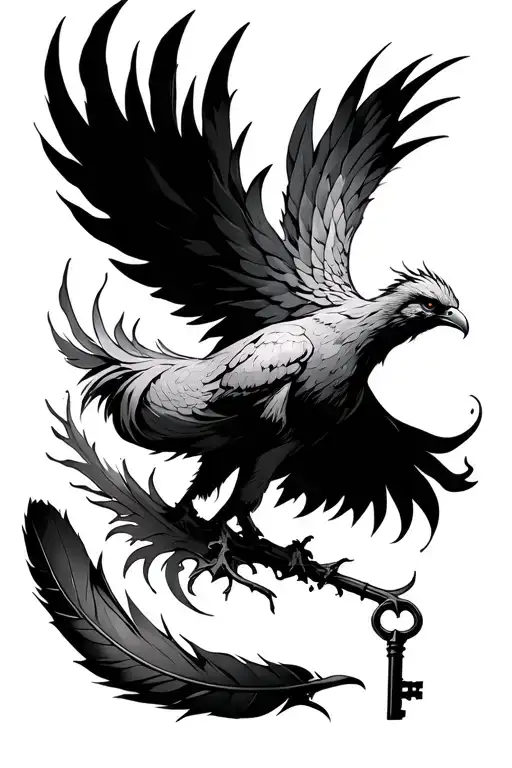 A Phoenix Rising From The Ashes Surrounded By A Feather And A Key