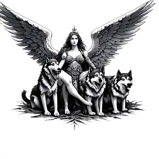 Angel With Wing And Warrior With Three Wolves Around
