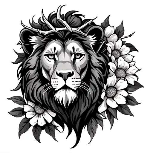 Lion With Thorn Crown Surrounded By Bold Flowers