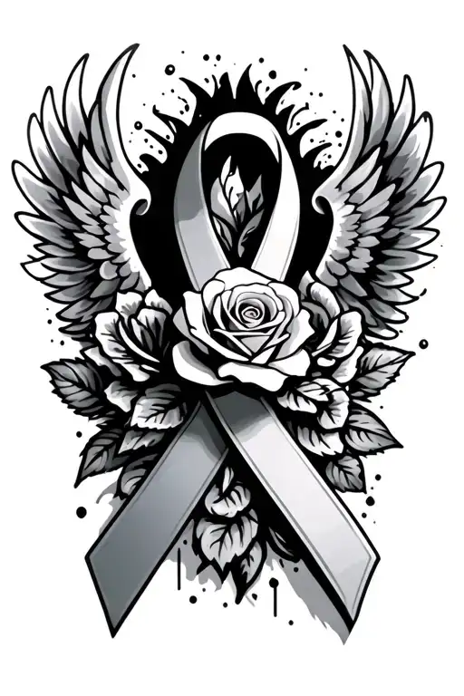 Breast Cancer Ribbon With A Rose And Wings