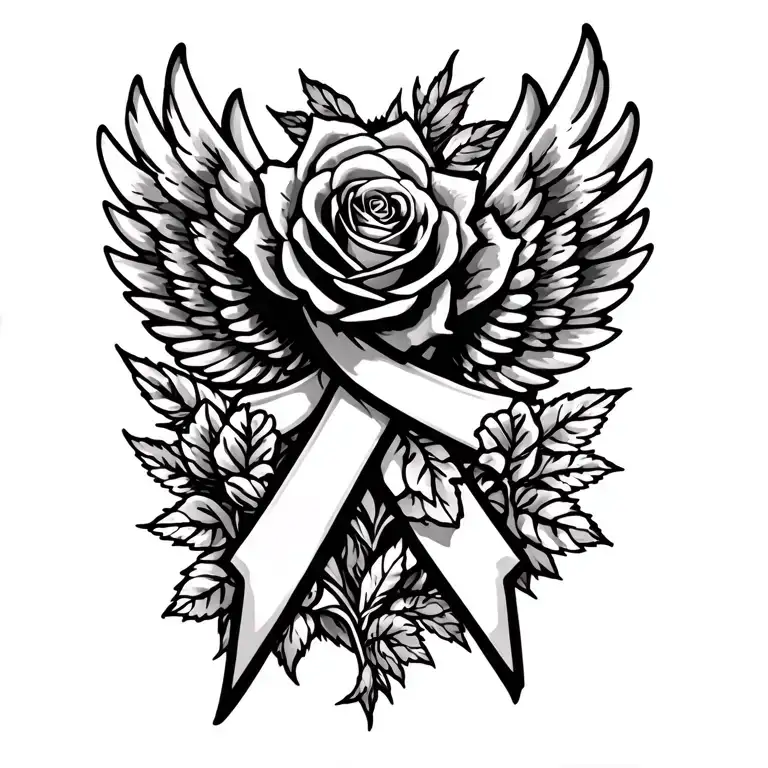 Breast Cancer Ribbon With A Rose And Wings